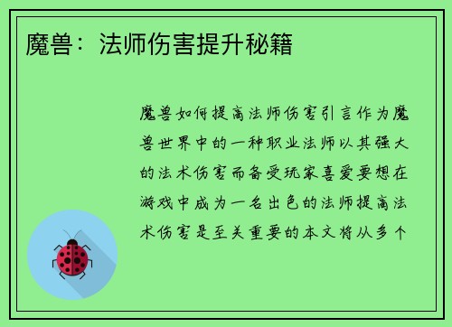 魔兽：法师伤害提升秘籍